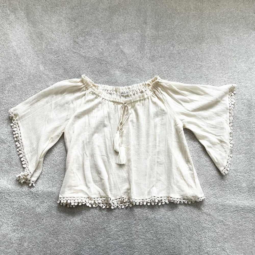 LOVE SHACK FANCY GAUZY SEMI SHEER TASSEL TRIM CREAM TOP BEACHY CHIC BOHO - Picture 3 of 10